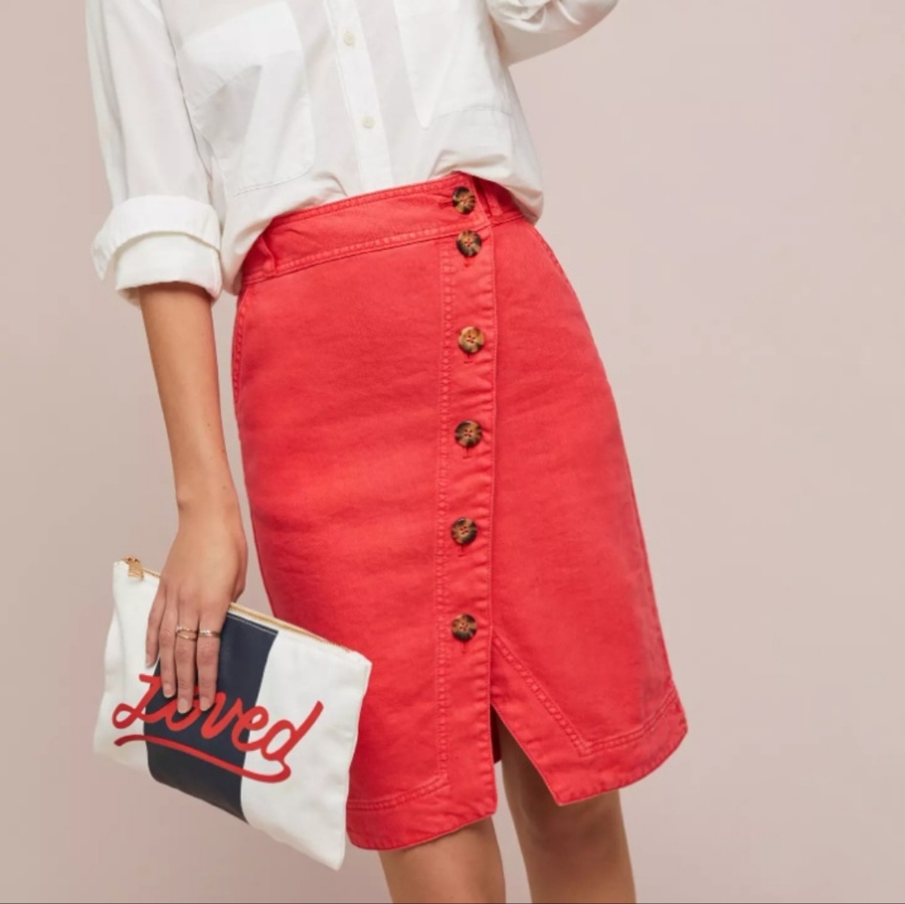 Anthropologie Building Red Buttondown Pencil Skirt
